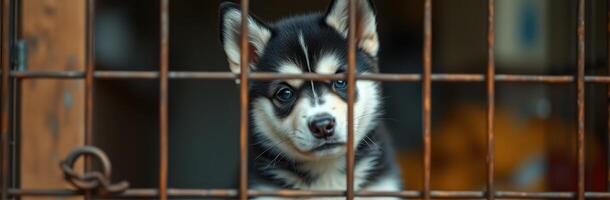 Puppy in a cage at an animal shelter looking hopeful for a new home photo