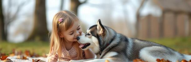 Young girl shares a joyful moment with a husky in a park during autumn photo