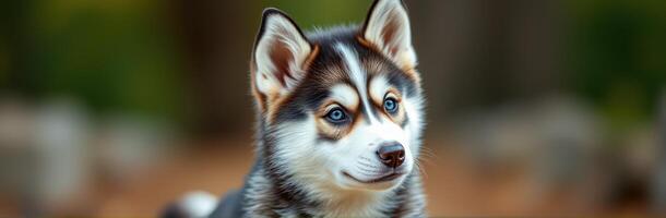 Husky puppy exploring a forest during a sunny day with soft focus background photo