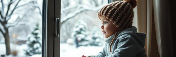 Child gazing out the window on a snowy winter day with a cozy hat and warm sweater photo