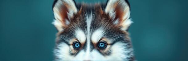 Curious puppy peeks over a surface with striking blue eyes and fluffy fur in a serene environment photo