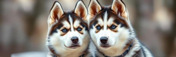 Two beautiful husky puppies sitting together in a park during a sunny afternoon, exuding playful energy and curiosity photo
