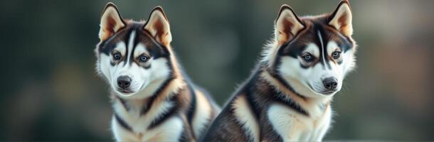 Two huskies relaxing together in a natural setting during a sunny afternoon photo