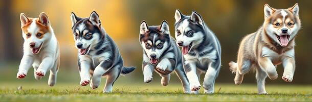 Five playful puppies run joyfully across a green field during a sunny afternoon in a joyful outdoor setting photo