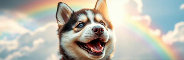 Happy dog enjoying a sunny day with a rainbow in the background photo