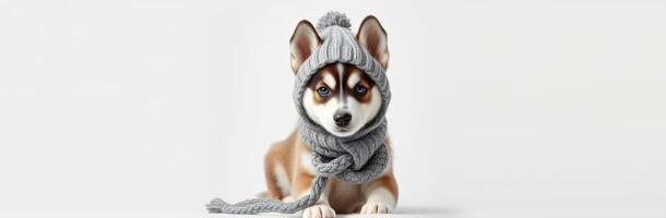 Adorable dog wearing a cozy grey knit hat and scarf in a warm indoor setting during winter photo