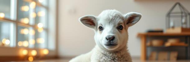Cute young lamb resting indoors with warm lighting decorations in the background photo
