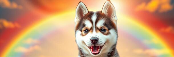Happy husky dog standing in front of vibrant rainbow against a colorful sky photo