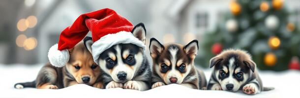 Cute puppies in festive hats enjoy a snowy winter day by a decorated tree and cozy home setting photo