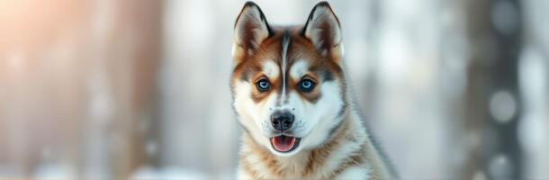 Majestic husky dog explores a snowy forest in winter, showcasing beautiful fur and keen expression photo