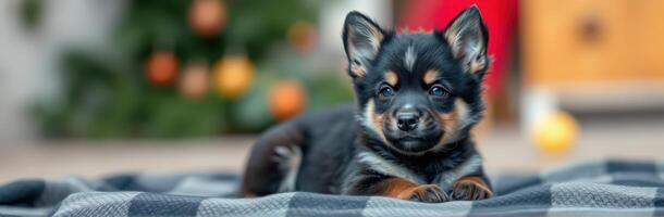 Cute black and tan puppy lying on a blanket in a cozy holiday setting with a decorated tree nearby photo
