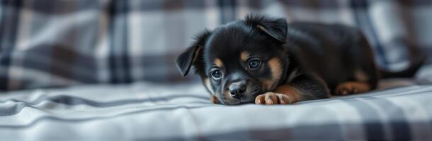 Adorable puppy resting on a cozy blanket in a warm indoor setting during the afternoon photo