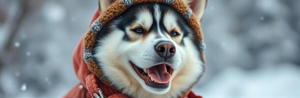 Happy dog enjoys winter wonderland wearing cozy coat and hat while snowflakes fall around photo