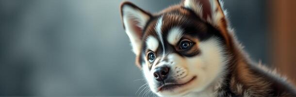 Cute husky puppy with captivating eyes sitting indoors on a soft surface in natural light photo