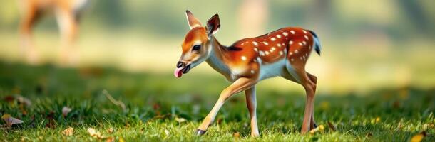 Fawn exploring a sunlit meadow during springtime in a peaceful natural setting photo