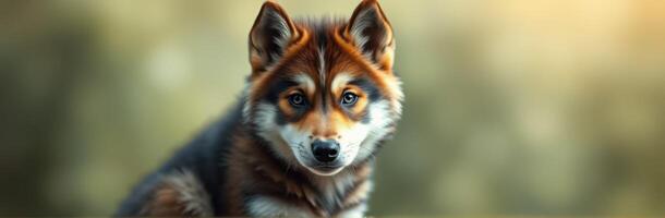 Close-up view of a captivating wolf with lush fur in natural environment during golden hour photo