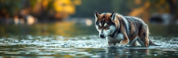 Dog wades through shallow water, surrounded by natural beauty during golden hour photo
