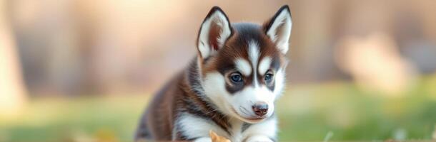 Cute husky puppy playing outdoors during sunny afternoon in a lush garden setting photo