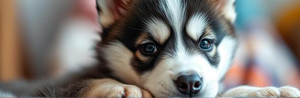 Adorable puppy resting with beautiful blue eyes and unique fur pattern while indoors on a cozy surface photo
