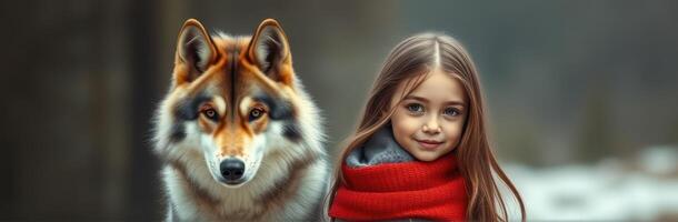Young girl stands beside a wolf-like dog in a forested area during winter photo