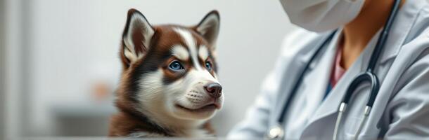 Vet examines a young husky puppy during a routine checkup in a clinic setting photo