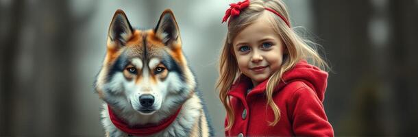 Girl in red coat poses with wolf in a misty forest during autumn afternoon photo