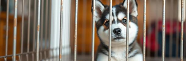 Happy puppy peeking through bars of a cage in a cozy indoor setting during afternoon light photo