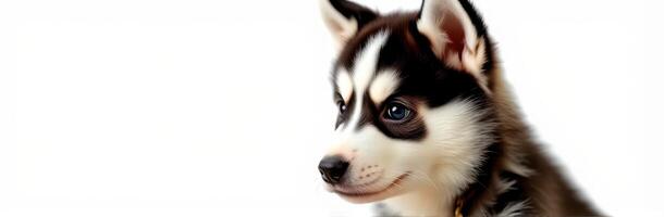 Cute husky puppy with striking blue eyes looks curiously to the side against a light background in this playful moment photo