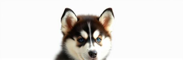 Cute fluffy puppy with striking blue eyes and distinctive markings posing against a plain background photo