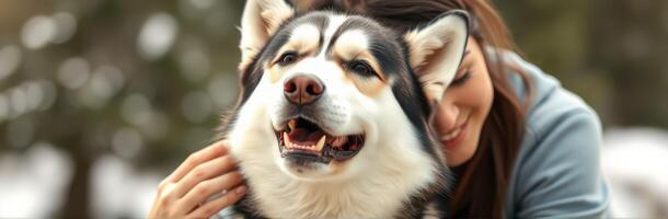 Happy woman enjoys affection with her cheerful husky in a snowy outdoor setting during a warm afternoon photo