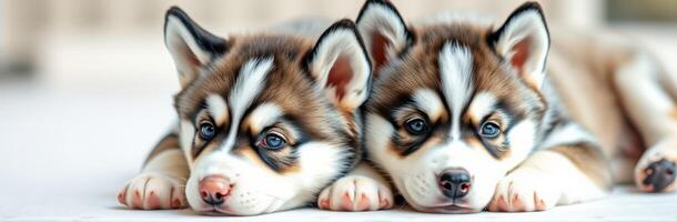 Cute husky puppies relaxing together in a cozy indoor setting during late afternoon light photo
