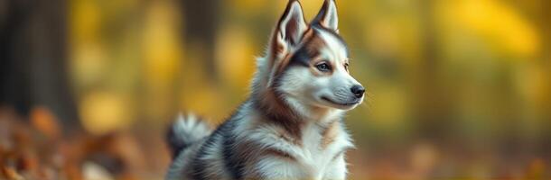 Dog standing in a forest during autumn with vibrant yellow and orange leaves photo