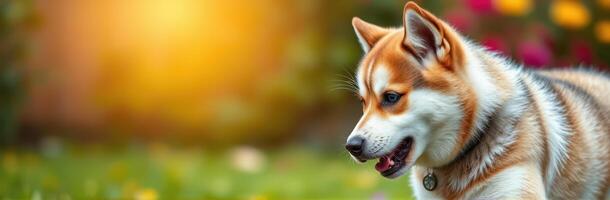 Corgi enjoying a sunny day in a blooming garden surrounded by colorful flowers photo