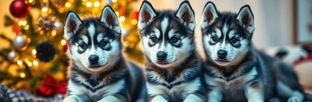 Three playful husky puppies resting in front of a beautifully decorated Christmas tree during the holiday season photo