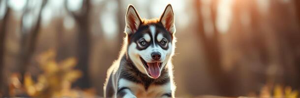 Happy husky puppy running through a sunlit forest during autumn afternoons photo
