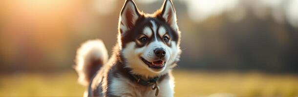 Happy dog running through a grassy field during golden hour among trees photo