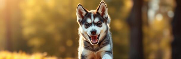 Happy husky running in a sunlit park during the golden hour with vibrant trees in the background photo