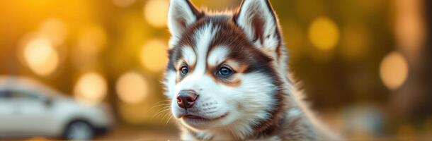 Cute husky puppy sitting in a park during golden hour with blurred background and warm sunlight photo