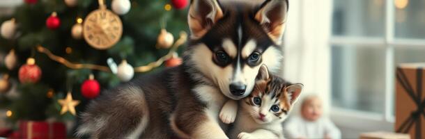Friendly puppy cuddles kitten in cozy holiday setting with Christmas tree photo