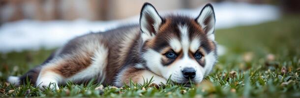 Adorable husky puppy relaxing on green grass in a tranquil outdoor setting during a sunny day photo