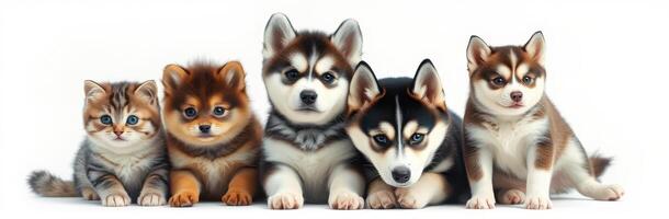 Cute group of puppies and kittens playing together in a cheerful indoor setting during daylight hours photo