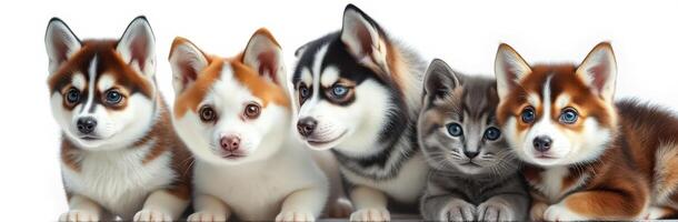 Cute puppies and a kitten gathered together in playful formation during a sunny day photo