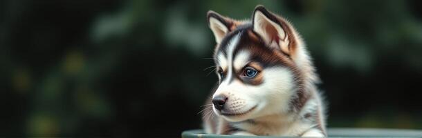 Husky puppy relaxing in garden with focused gaze on surroundings during a sunny afternoon photo