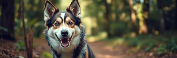 Happy dog exploring a lush forest trail on a sunny day in autumn photo