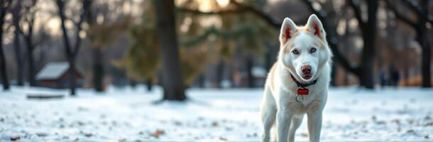 White husky dog enjoying a snowy park during late afternoon in winter photo
