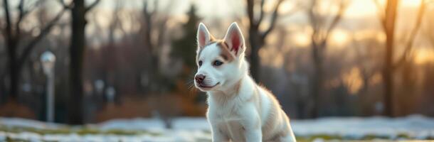 Cute puppy enjoying a winter afternoon in a park with a beautiful sunset photo