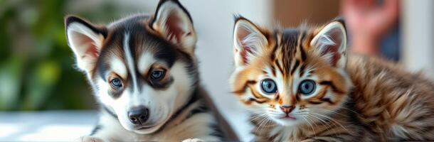 Two adorable pets sit close together indoors, showcasing a playful puppy and a curious kitten in soft lighting photo