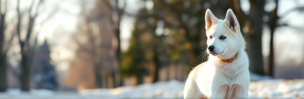 White dog enjoys a sunny winter day in a snowy park with trees in the background photo