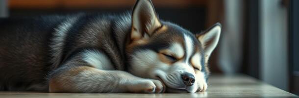 Soft-haired dog sleeps peacefully indoors on wooden surface near a window during the day photo