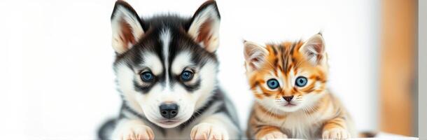 Playful puppy and kitten lying together indoors in cozy atmosphere photo